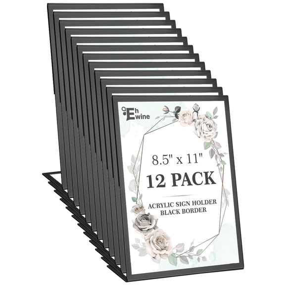 EHWINE 12 Pack Acrylic Sign Holder 8.5 x 11, Black Picture Frame Stand up Table Top Sign Holders, Slanted Back Paper Holder Clear Display Stand Menu Flyer Holder for Wedding Party