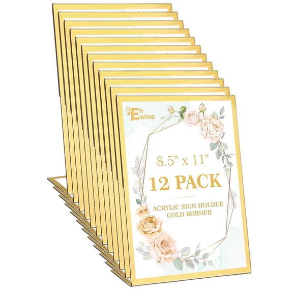 EHWINE 12 pack Acrylic Sign Holder 8.5 x 11, Gold Table Top Picture Frame with Slanted Back, Clear Display Stand for Menu, Flyer or Wedding Party Use
