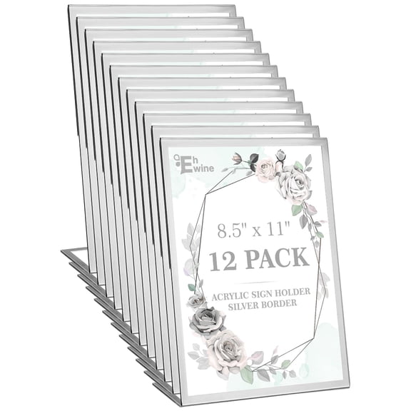 EHWINE 12 Pack Acrylic Sign Holder 8.5 x 11, Silver Picture Frame Stand up Table Top Sign Holders, Slanted Back Paper Holder Clear Display Stand Menu Flyer Holder for Wedding Party