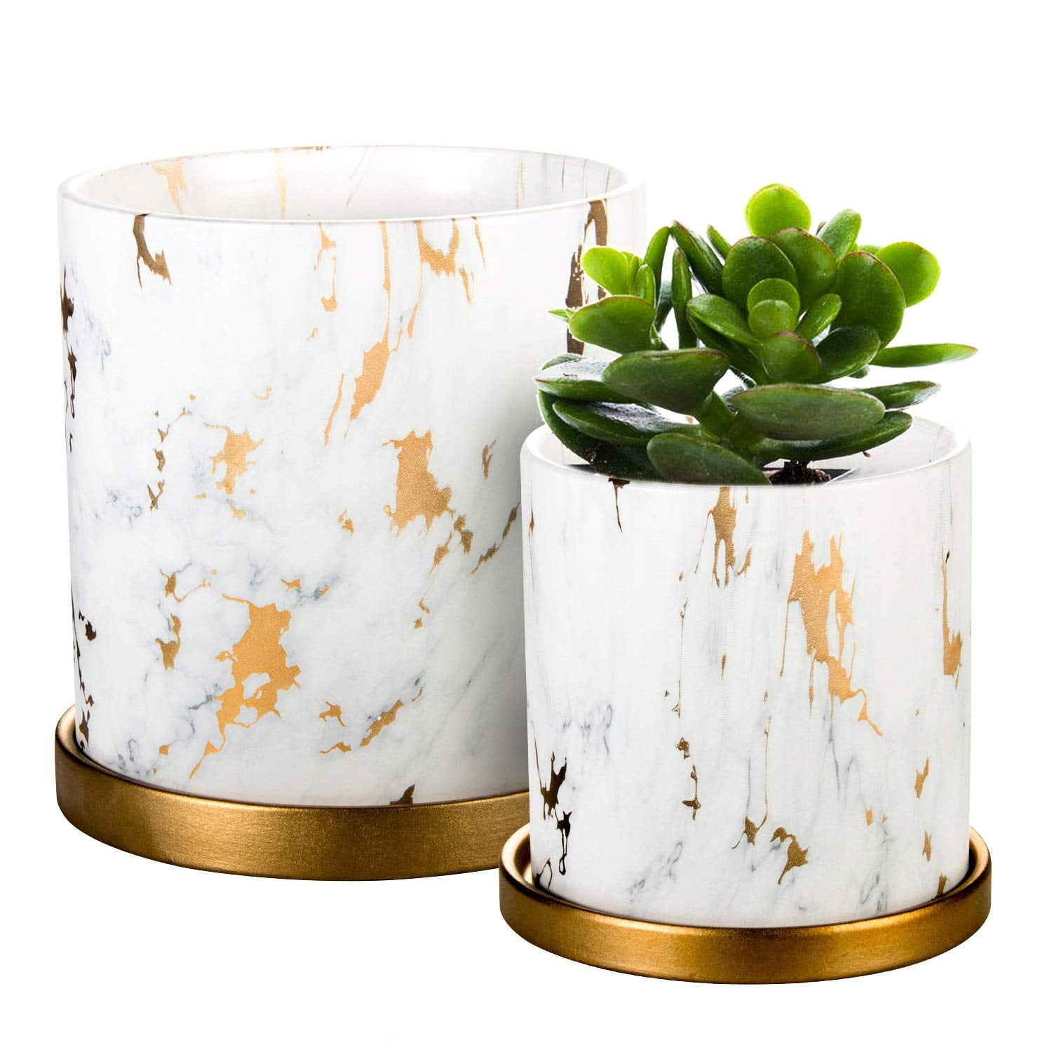 EHWINE Flower Plant Pots, 5.3 Inch +4.2 Inch Indoor Ceramic Flower Pots Modern Marble Look Scrub Pots with Drainage Hole and Ceramic Tray for Flowers/Plants/Succulents
