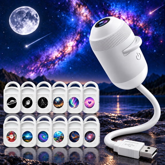 EHXS Galaxy Projector Night Light, USB Plug and Play Star Projector with 12 Slides, Adjustable Focus & Flexible Gooseneck, Ceiling Projector