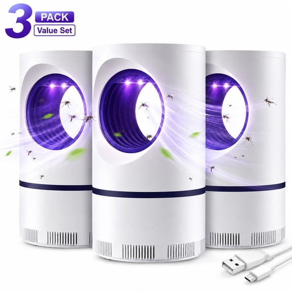 EHXS Indoor Flying Insect Trap, USB Powered Light & Suction Fan Trap for Mosquitoes and Gnats, Removable Collection Box, 3 Pcs