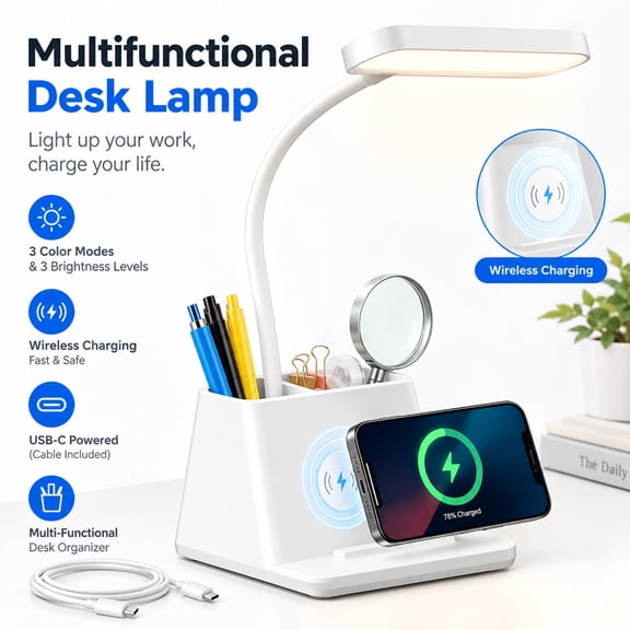 EHXS LED Desk Lamp for Dorm & Home Office, Wireless Charger, Touch Control, 3 Colors & 3 Brightness Levels, Pen Holder, Phone Stand, White