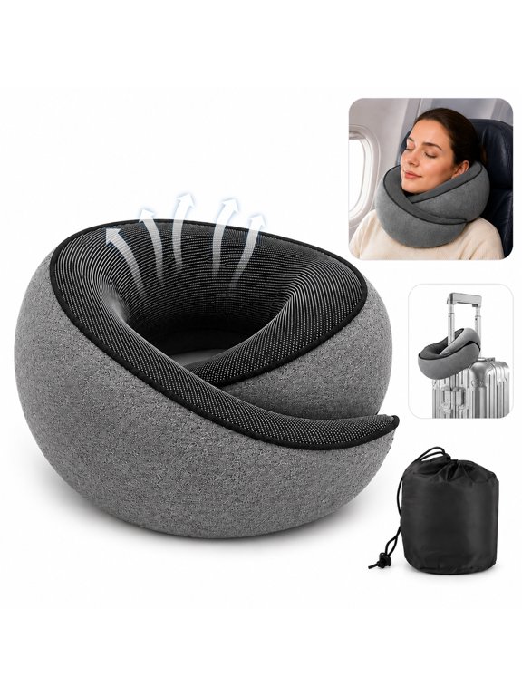 Travel Neck Pillow, Memory Foam Airplane Pillow for Sleeping, Adjustable 360° Neck Support with Removable Cover & Carry Bag, Gray