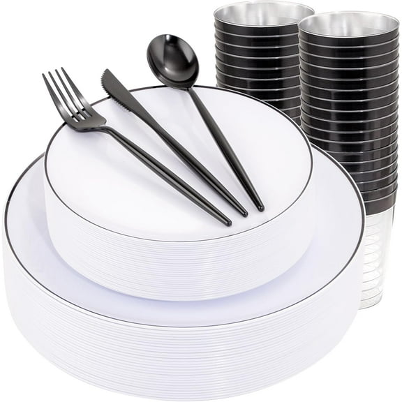 EI 180pcs White Plastic Dinnerware Set Include Black Disposable Silverware,Dinner and Dessert Plates,Cups,White Plastic Plates with Black Rim Perfect for Wedding,Birthday,Partys,Business Events,Hotel