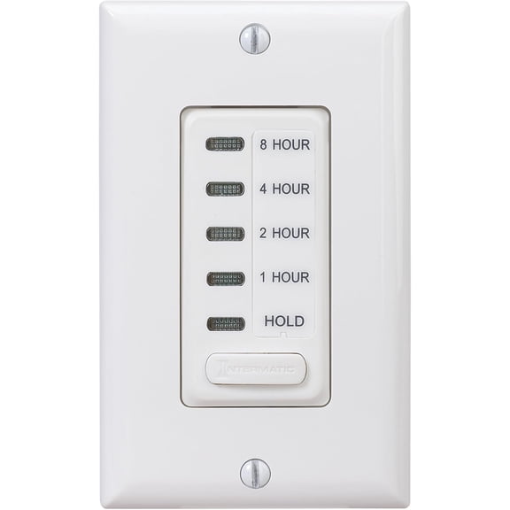 EI220W-1 in-Wall Countdown Timer Switch, Whole House Fan, White | Electronic countdown timer with 1/2/4/8-hr presets, hold mode, SPST, 120 VAC/60 Hz, 15A