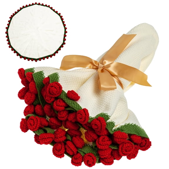 EIGHTOWN 43'' Crochet Rose Flowers Blanket Bouquet Finished - Handmade Knitted Throw Blanket - Home Dcor Ideal Gift for Mom Mother's Day Birthday Valentine's Day (Red Rose) Y101