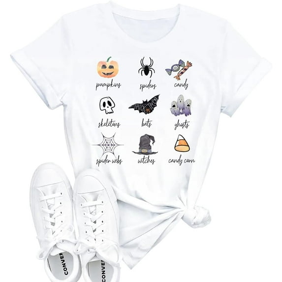 EIGIAGWNG Womens Fall Pumpkin T-Shirts Funny Short Sleeve Halloween Graphic Tees Tops