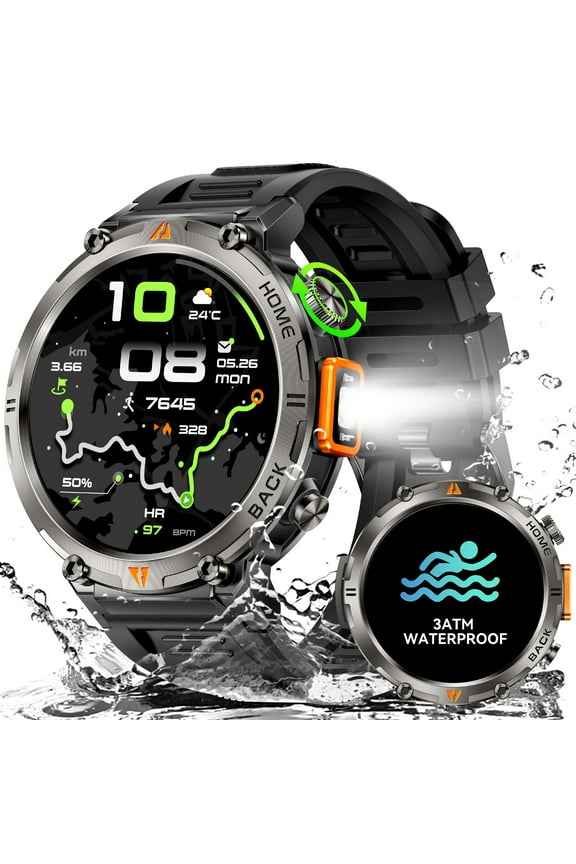 KE3Pro Smart Watch with Flashlight for Men, 3ATM Waterproof Watch with GPS, 530mAh Outdoor Sports Watch Compatible with Android iOS, 1pc