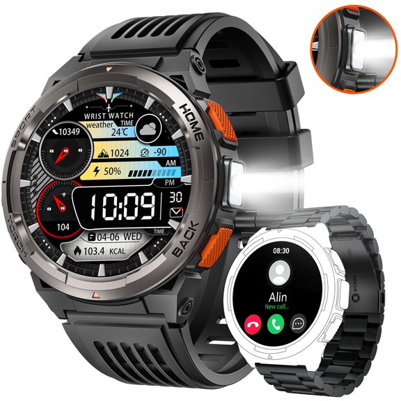 EIGIIS KE5 3ATM Waterproof Smartwatch for Men with LED Flashlight 1.45'' HD Rugged Watch with 530mAh Big Battery Compass Altitude Barometer SOS Alarm Fitness Tracker for iOS Android, 1pc