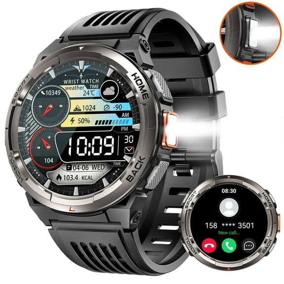 EIGIIS KE5 3ATM Waterproof Smartwatch for Men with LED Flashlight 1.45'' HD Rugged Watch with 530mAh Big Battery Compass Altitude Barometer SOS Alarm Fitness Tracker for iOS Android, 1pc