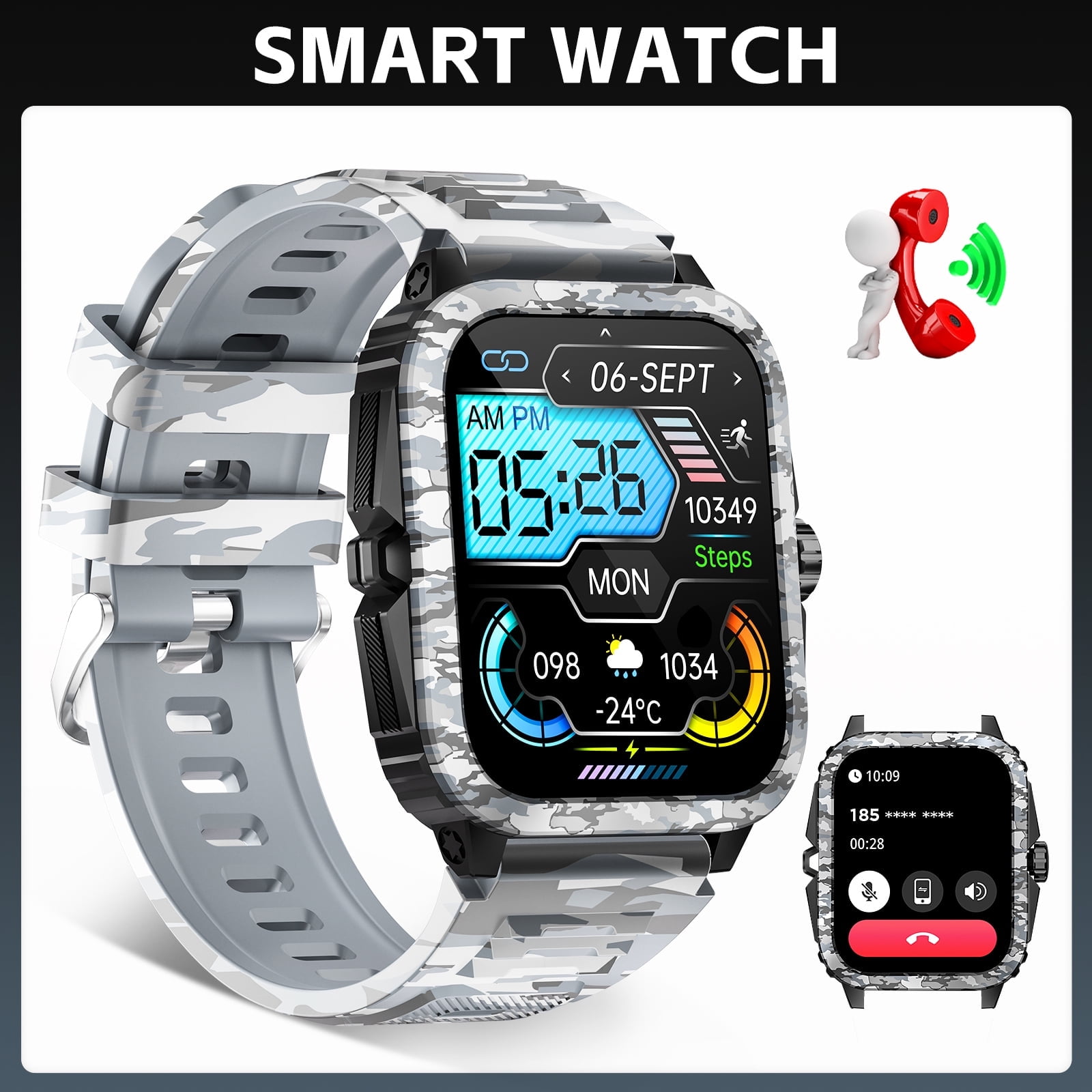 EIGIIS KT71 Smart Watch for Men, 1.96'' Big Screen 3ATM Waterproof Rugged Outdoor Smartwatch with Sports Swimming Watch for Android iOS, 1pc