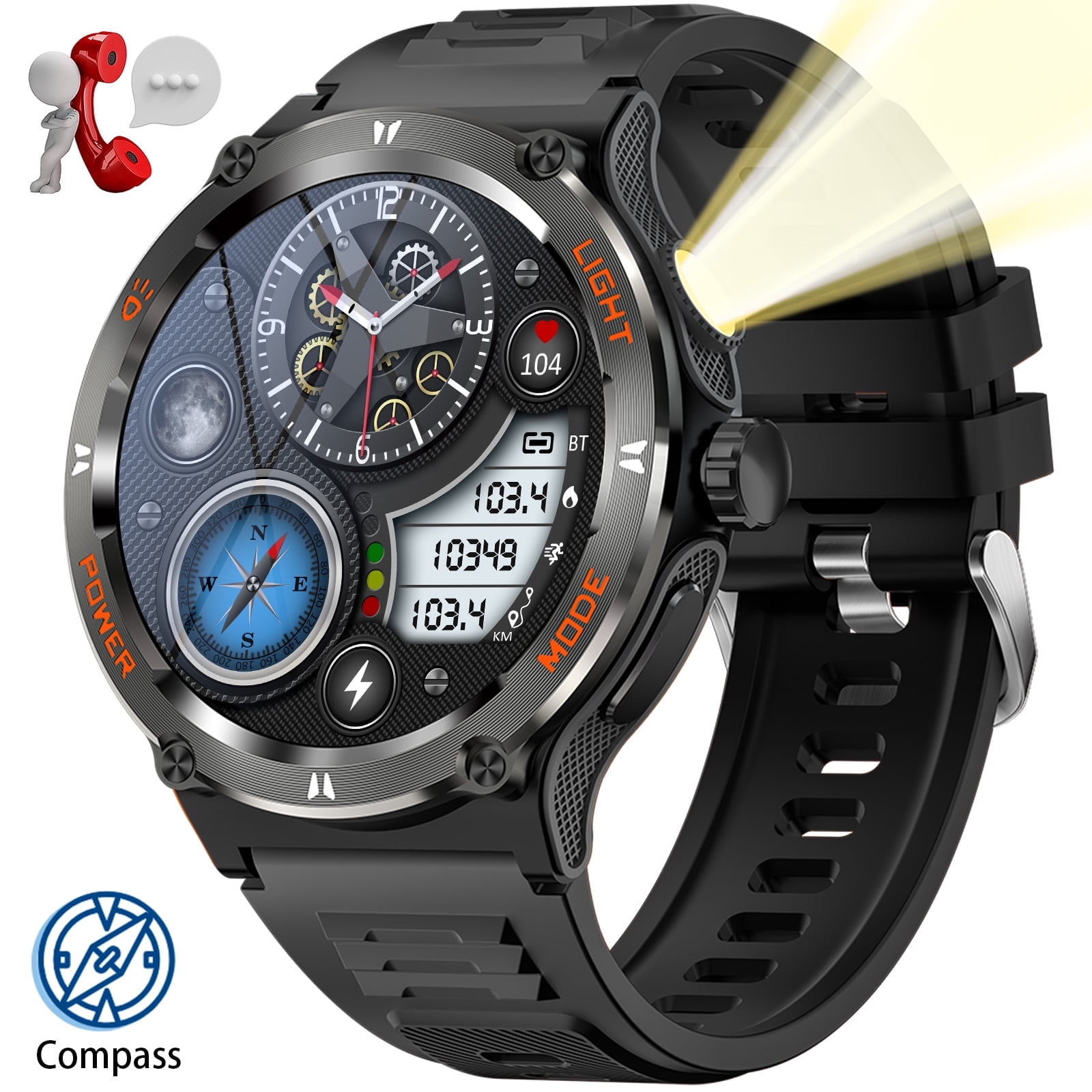 EIGIIS KT76 Smartwatch for Men with LED Flashlight 1.53'' HD