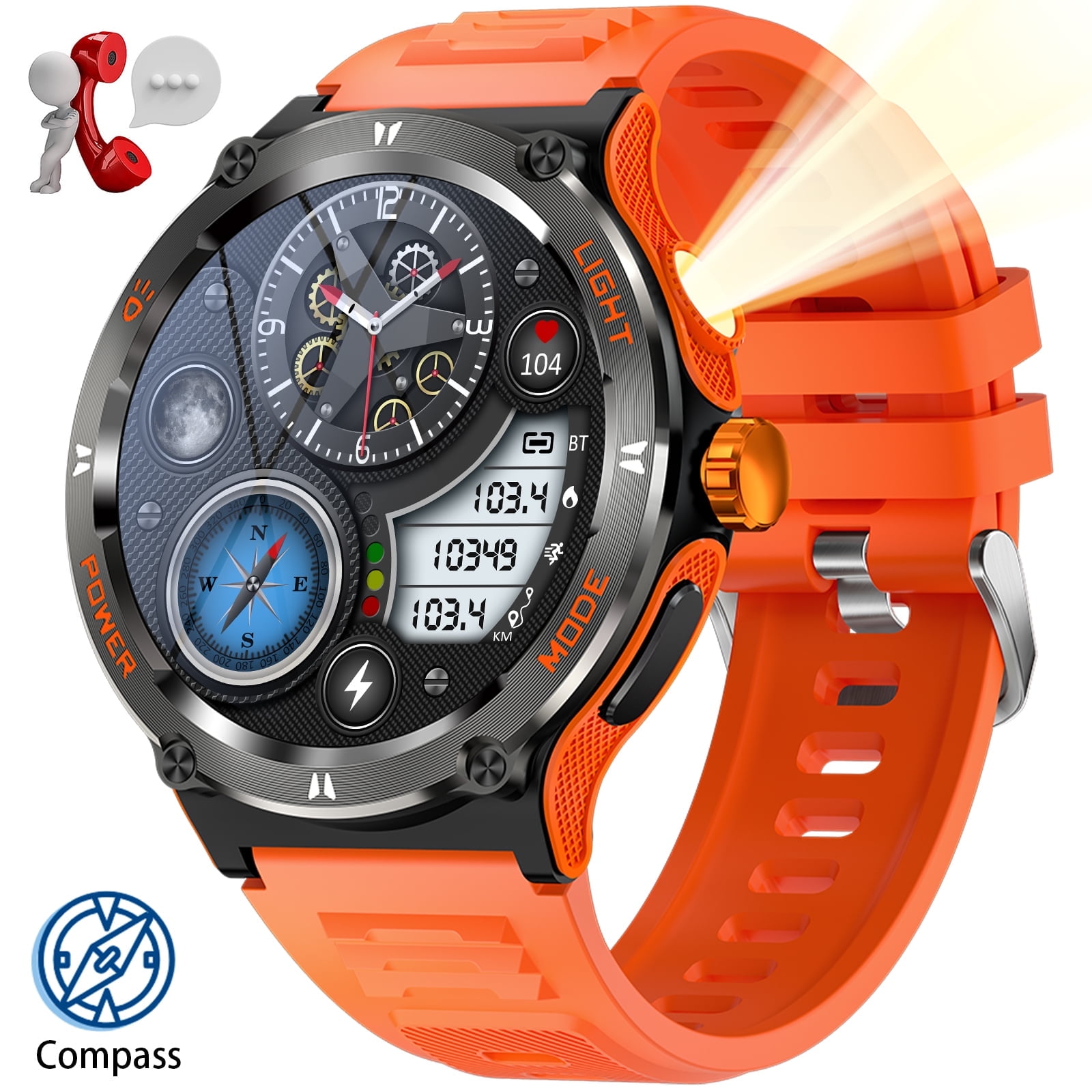 EIGIIS KT76 Smartwatch for Men with LED Flashlight 1.53'' HD