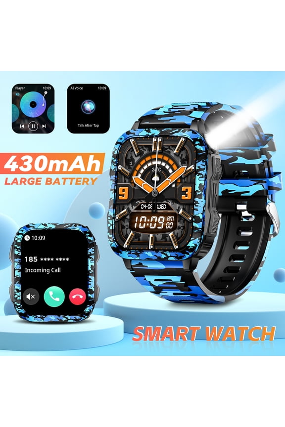 KT79 Smart Watch for Men with LED Flashlight 3ATM Waterproof Watch 1.96'' Big Screen Smartwatch 430mAh Sport Watch with Make Calls Compatible with iOS Android