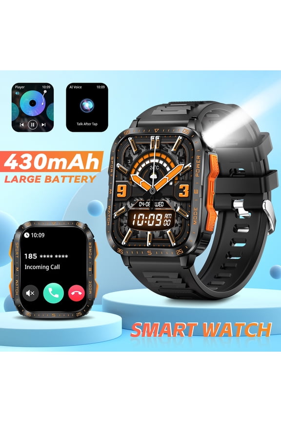 KT79 Smart Watch for Men with LED Flashlight 3ATM Waterproof Watch 1.96'' Big Screen Smartwatch 430mAh Sport Watch with Make Calls Compatible with iOS Android