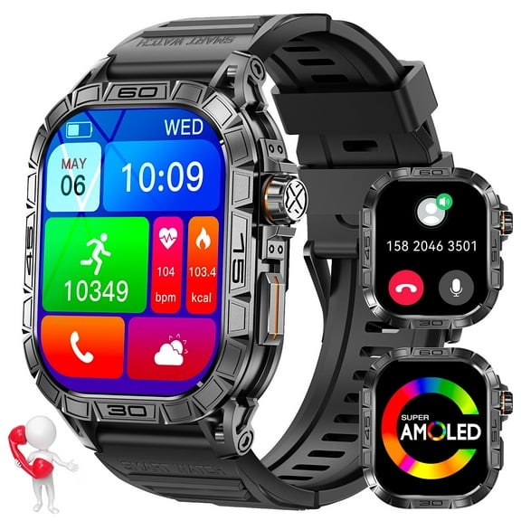 EIGIIS Military Smart Watch for Men Answer Make Calls Message Notification 1.96" AMOLED Full Touch Smartwatch Fitness Tracker Watch Sleep Monitor Step Counter Sports Watch for iPhone Android