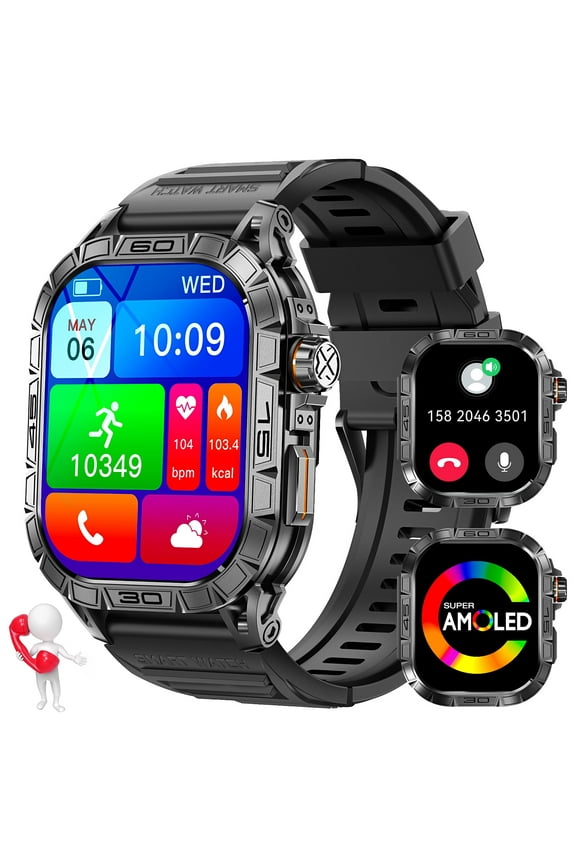 Military Smart Watch for Men Answer Make Calls Message Notification 1.96" AMOLED Full Touch Smartwatch Fitness Tracker Watch Sleep Monitor Step Counter Sports Watch for iPhone Android