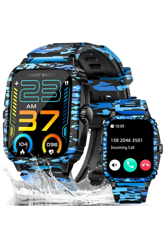 Military Smart Watches for Men, 3ATM Waterproof Outdoor Tactical Smartwatch , 1.96 Big Screen Rugged Sports Swimming Smart Watches for Android iOS-Camouflage Blue