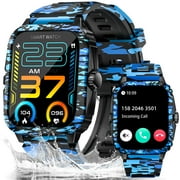 EIGIIS Military Smart Watches for Men, 3ATM Waterproof Outdoor Tactical Smartwatch , 1.96  Big Screen Rugged Sports Swimming Smart Watches for Android iOS-Camouflage Blue