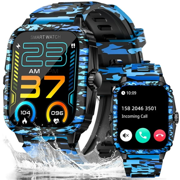 EIGIIS Military Smart Watches for Men, 3ATM Waterproof Outdoor Tactical Smartwatch , 1.96 Big Screen Rugged Sports Swimming Smart Watches for Android iOS-Camouflage Blue