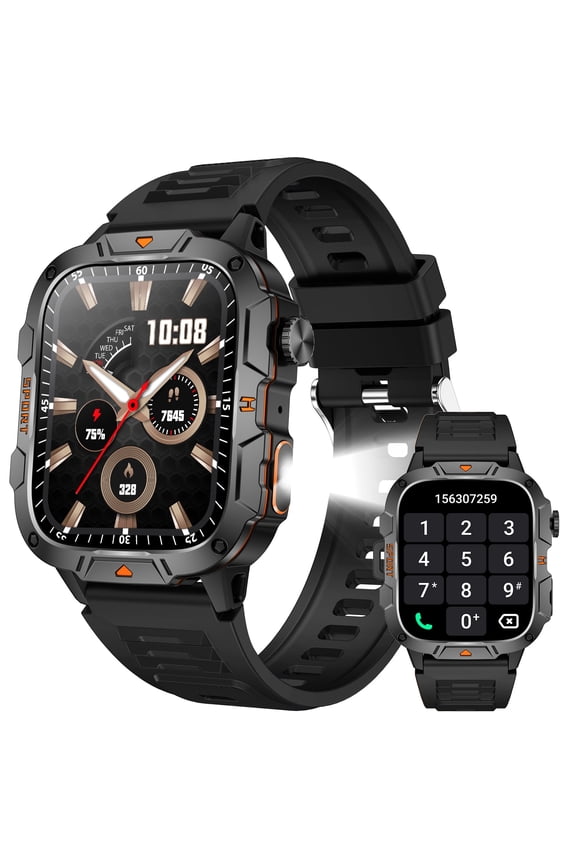 QX12 1.96'' HD Big Screen Smart Watch for Men with LED Flashlight Rugged Smartwatch with Bluetooth Call 100+ Sports Modes Fitness Watch for iOS Android, 1pc, Black