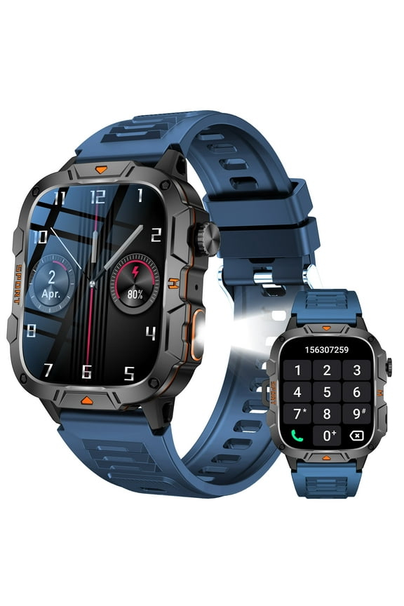 QX12 1.96'' HD Big Screen Smart Watch for Men with LED Flashlight Rugged Smartwatch with Bluetooth Call 100+ Sports Modes Fitness Watch for iOS Android, 1pc, Blue