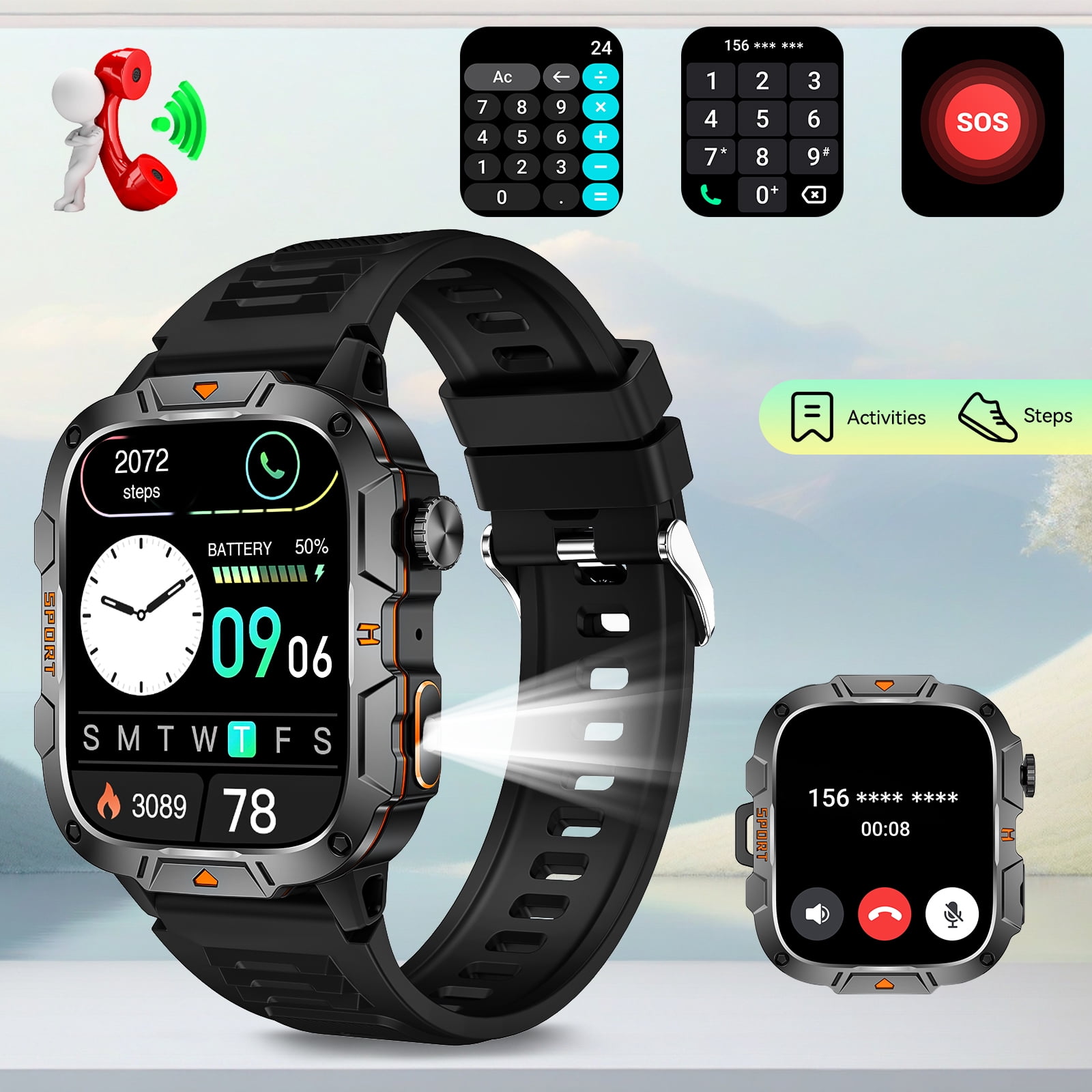 EIGIIS QX12 Smart Watch for Men with LED Flashlight 1.96