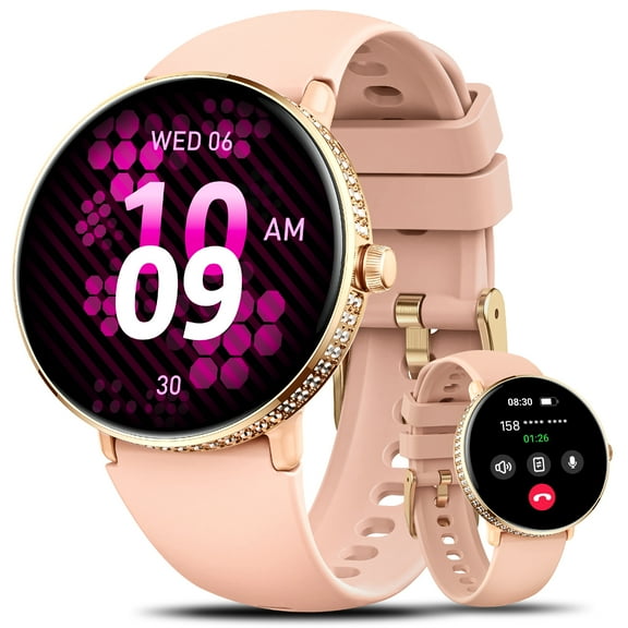 EIGIIS S76 Smart Watches for Women with Diamonds (Make/Answer Call) 1.19" AMOLED Screen Smartwatch with 100+ Sport Modes Waterproof Watch with Various Dials for iOS Android, Pink, 1pc