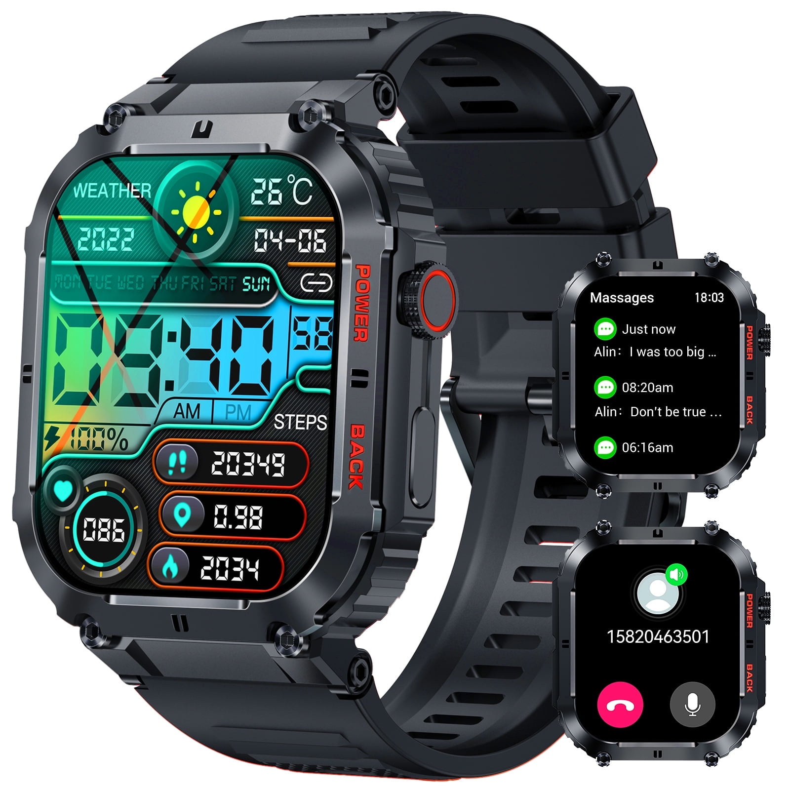 EIGIIS Smart Watch for Men 1.96" HD Big Screen Rugged Outdoor Waterproof Sports Watch Weather Step Counter Fitness Tracker Smartwatch for iOS Android Phones