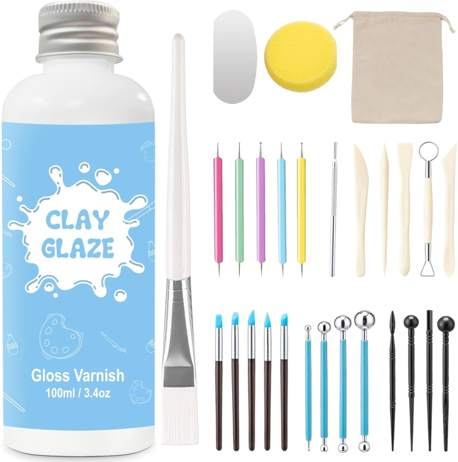 EIGTWEN 100ml Air Dry Clay Glaze and 29pcs tools kit, Gloss Varnish Protects from Surface Wear, Pottery Tools Can be Used for Stippling, Carving, Molding, Shaping Crafts(Gloss)