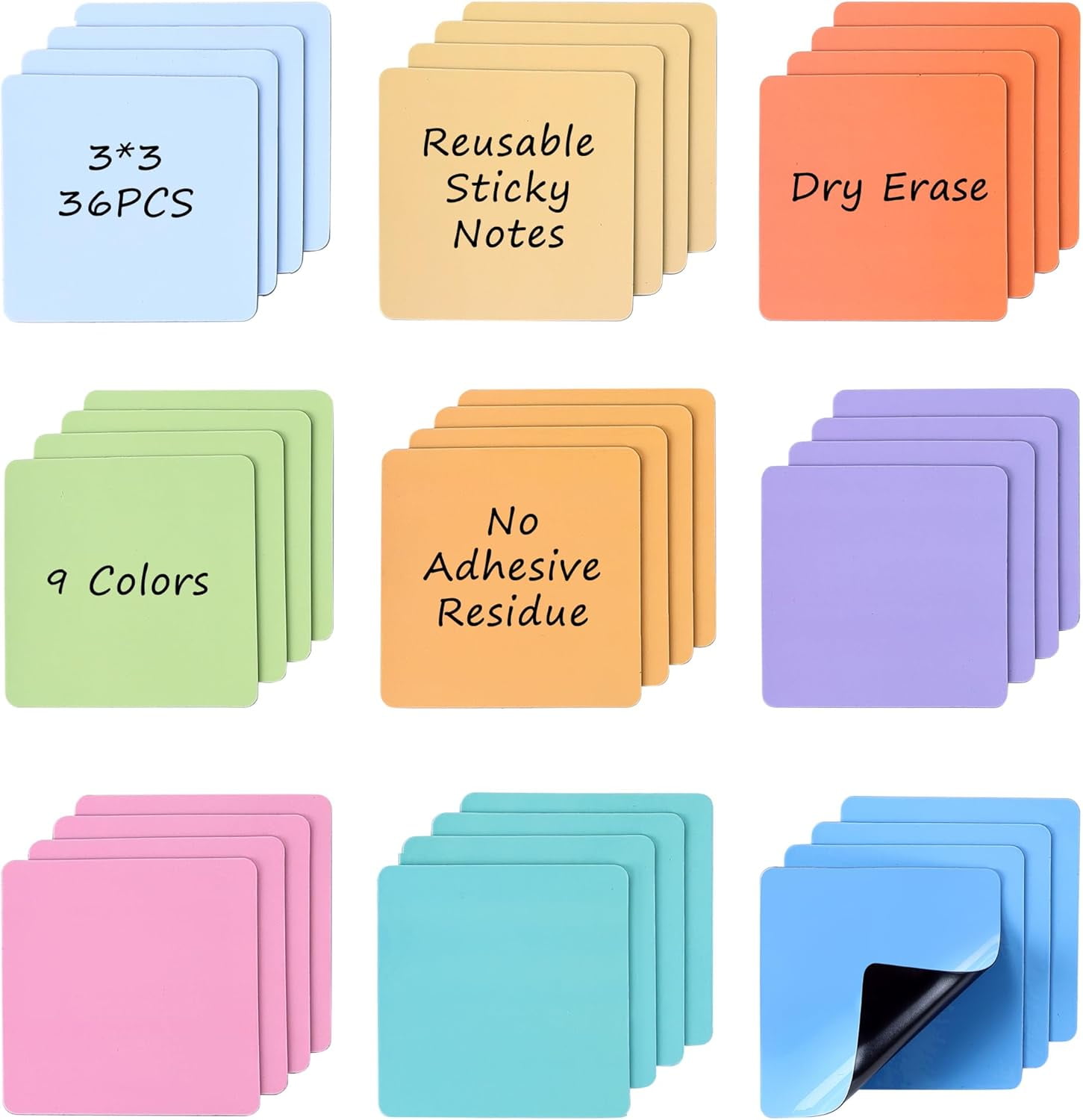 EIKODO-36pcs 3 x 3 Inch Reusable Magnetic Sticky Notes, Dry Erase ...