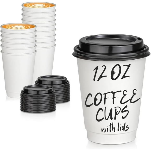 EIKODO-50 Pack 12oz White Disposable Coffee Cups with Lids - Paper Hot Cups with Plastic Lids for Travel, Tea, Coffee, and Chocolate | To-Go Mugs for Home, Office, Cafes, Weddings, and Parties