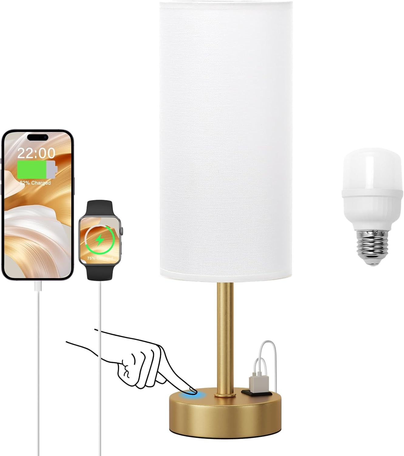 17.4 Inch Bedside Touch Table Lamp - USB-C & USB-A Charging Ports, 3-Way Dimmable, LED Bulb Included, White