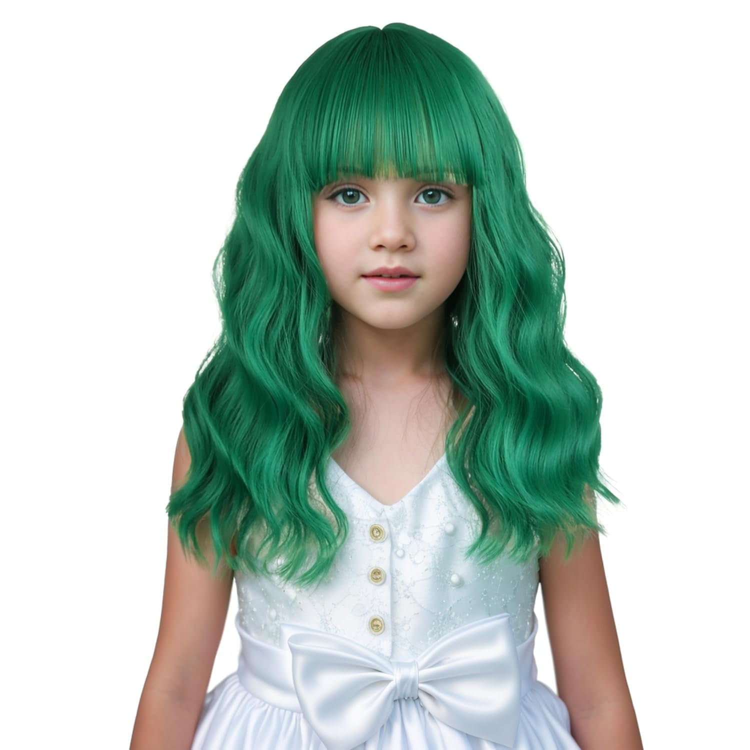 EIKODO-Girls Dark Green Wig Kids Short Green Wig with Air Bangs