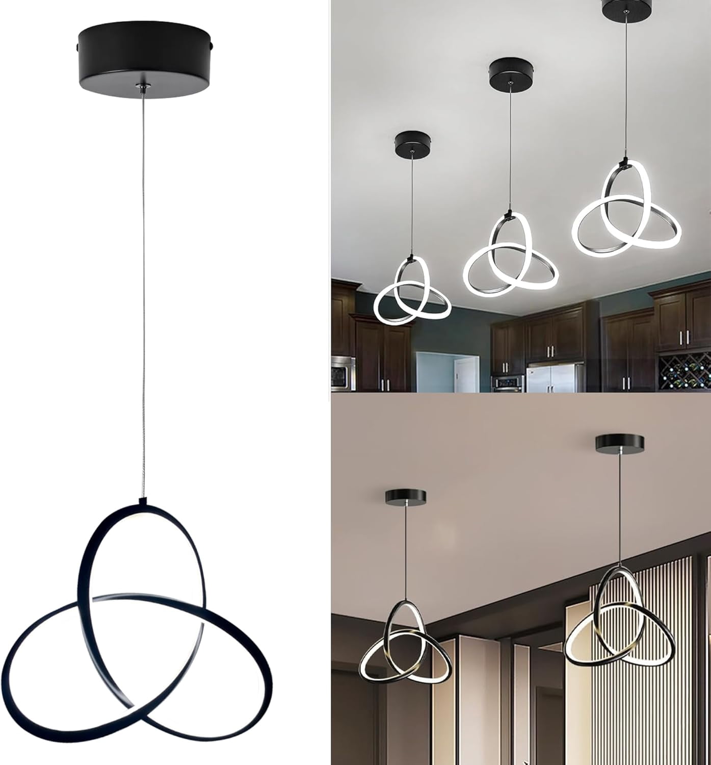 EIKODO-Modern LED Pendant Light for Kitchen Island, 47" Black Hanging ...