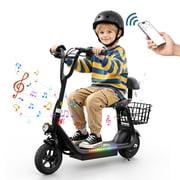 EILLEO Kids Electric Scooter, Bluetooth Speaker Foldable Scooter with Seat, 11MPH 132lbs Max Load E Mopeds, Carry Basket,LED Light Strip