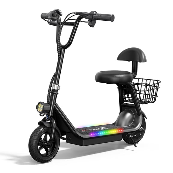 Electric Scooter for Kids - Bluetooth Speaker Foldable Scooter with Seat & Carry Basket & LED Light Strip, 11MPH 132lbs Max Load E Mopeds