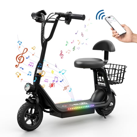 Pro Electric Scooter for Kids - Bluetooth Speaker Foldable Scooter with Seat & Carry Basket & LED Light Strip, 11MPH 132lbs Max Load E Mopeds