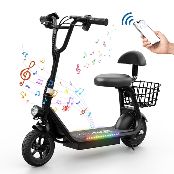 Pro Electric Scooter for Kids - Bluetooth Speaker Foldable Scooter with Seat & Carry Basket & LED Light Strip, 11MPH 132lbs Max Load E Mopeds