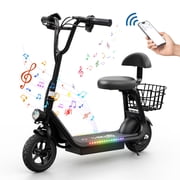 Pro Electric Scooter for Kids - Bluetooth Speaker Foldable Scooter with Seat & Carry Basket & LED Light Strip, 11MPH 132lbs Max Load E Mopeds