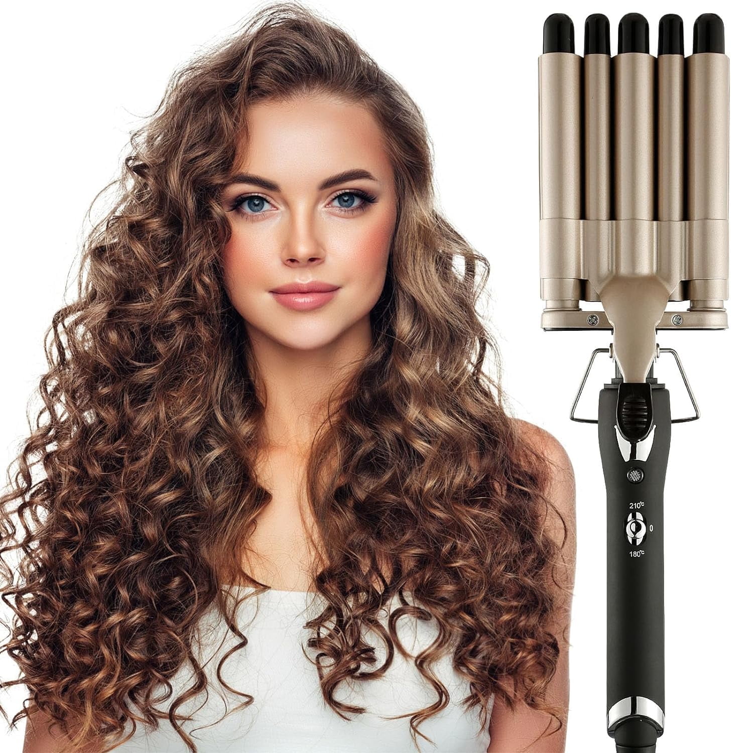 EILLG New Hair Crimper Iron 5 Barrel Curling Iron Wand, 0.6 Inch Hair Waver Curler Ceramic Tourmaline Hair Styling Tool with Dual Voltage