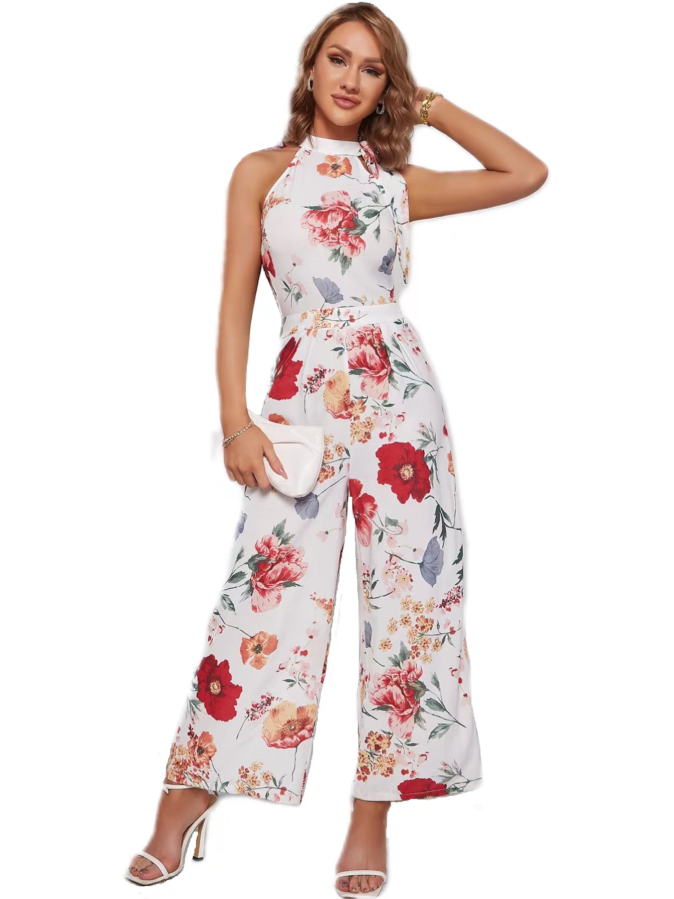 EILLY BAZAR Floral Print Wide Leg Jumpsuit for Women Sleeveless S ...