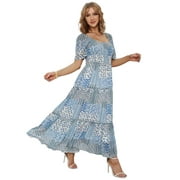 EILLY BAZAR Geo Print Square Neck Dress for Women Puff Short Sleeve Ankle Length Female Allover Print Long Dress Blue XS