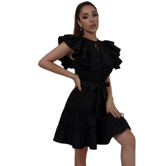 EILLY BAZAR Mini Princess Dress for Women Ruffle Armhole Sleeveless Key Hole Neck with Neck Tie Black XS