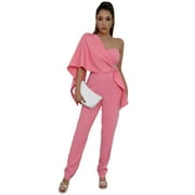 EILLY BAZAR One Shoulder Cloak Sleeve Buckled Side Jumpsuit for Women Pink S