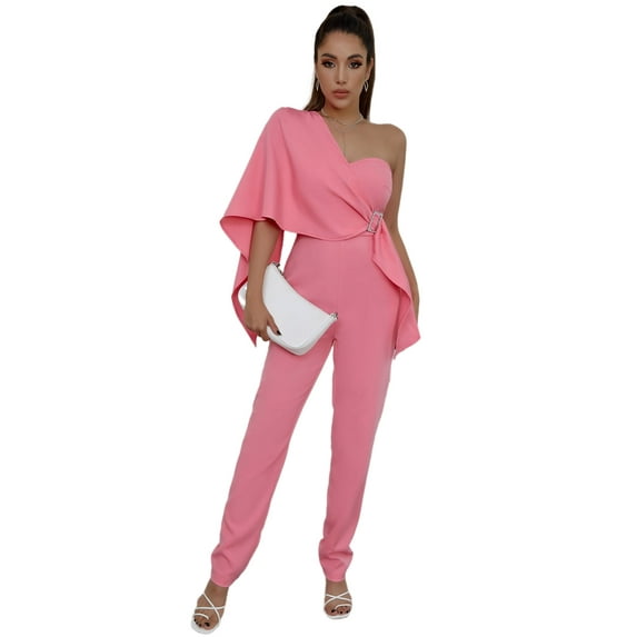 EILLY BAZAR One Shoulder Cloak Sleeve Buckled Side Jumpsuit for Women Pink XS