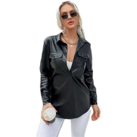 EILLY BAZAR PU Leather Shirt for Women Flap Pocket Button Up Front Female Shirt Black S