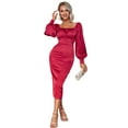 thumbnail image 1 of EILLY BAZAR Satin Dress for Women Lantern Sleeve Button Front Split Back Female Dress Red M, 1 of 4