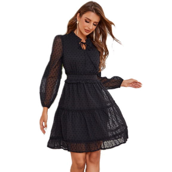 EILLY BAZAR Swiss Dot Dress for Women Tie Neck Lantern Long Sleeve Ruffle Hem Female Short Dress Black XS